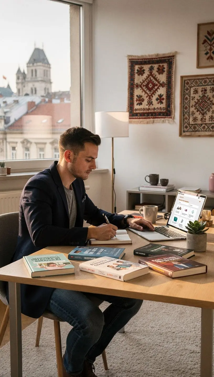 Könyvek és források a pénzügyi tudatosságról, egy polcon rendezve.